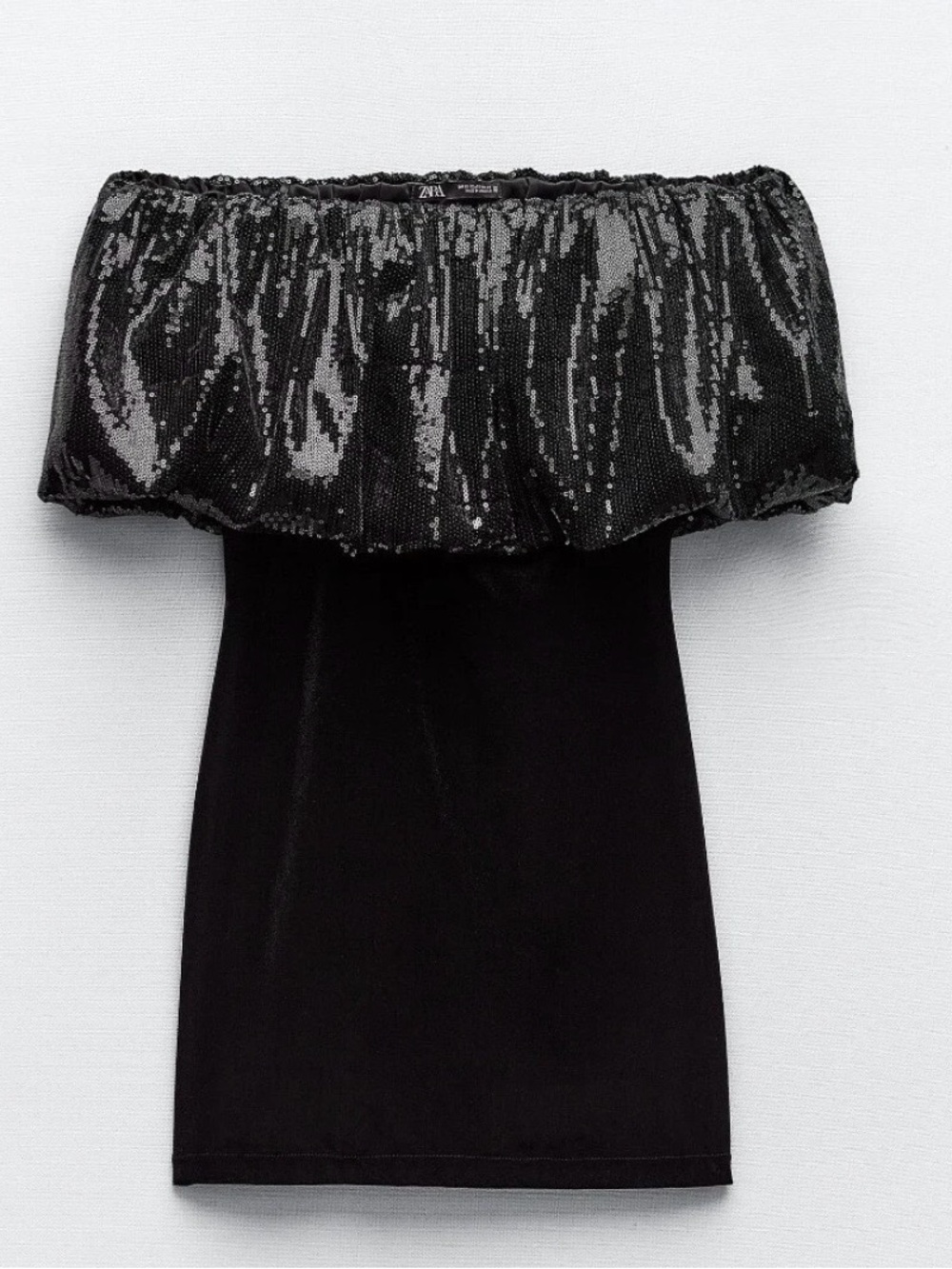 Zara Black Velvet Off-Shoulder Sequin Trim Dress great cond sz med